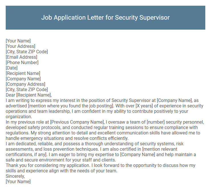 Job Application Letter for Security Supervisor