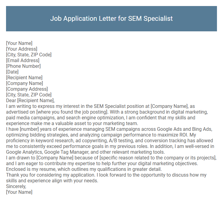 Job Application Letter for SEM Specialist