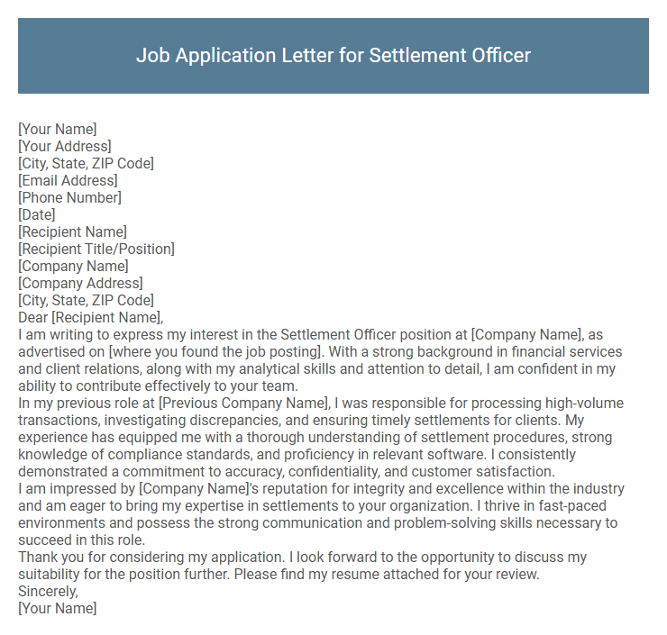 Job Application Letter for Settlement Officer
