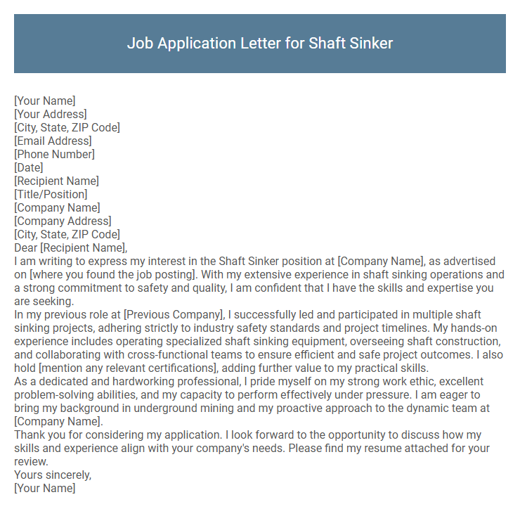 Job Application Letter for Shaft Sinker