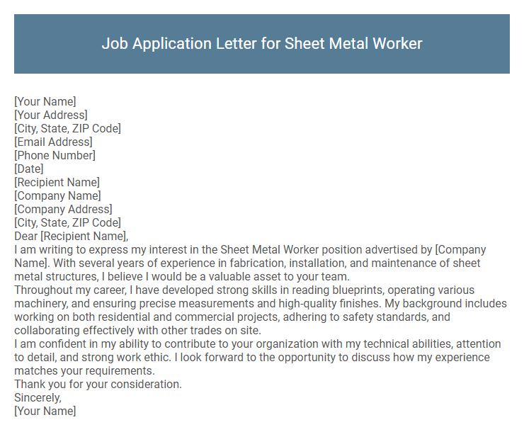Job Application Letter for Sheet Metal Worker