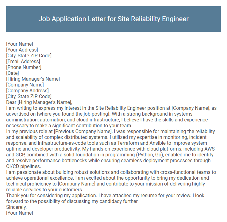 Job Application Letter for Site Reliability Engineer