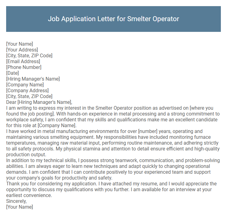Job Application Letter for Smelter Operator