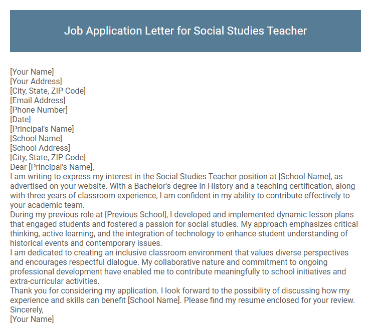 Job Application Letter for Social Studies Teacher