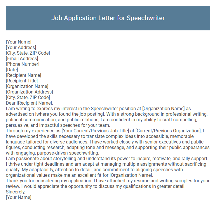 Job Application Letter for Speechwriter