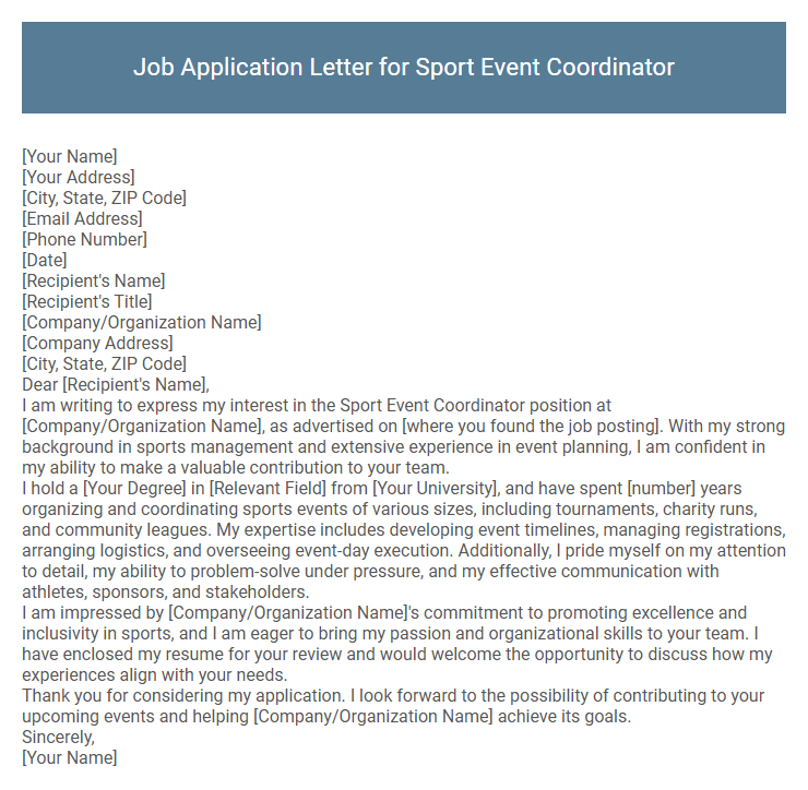 Job Application Letter for Sport Event Coordinator
