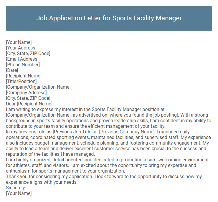 Job Application Letter for Sports Facility Manager