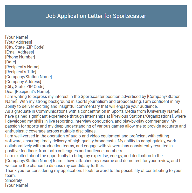 Job Application Letter for Sportscaster