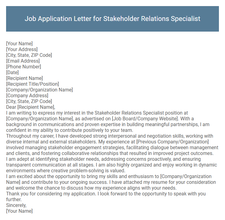 Job Application Letter for Stakeholder Relations Specialist