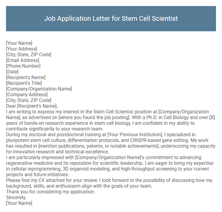 Job Application Letter for Stem Cell Scientist