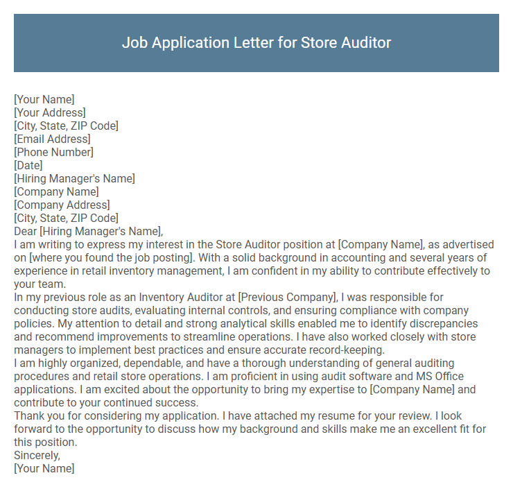 Job Application Letter for Store Auditor
