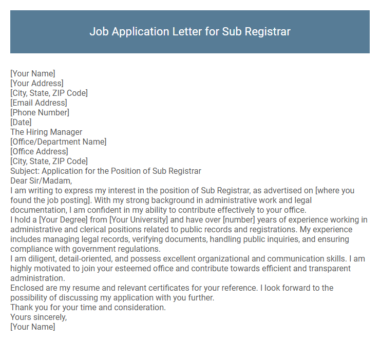 Job Application Letter for Sub Registrar