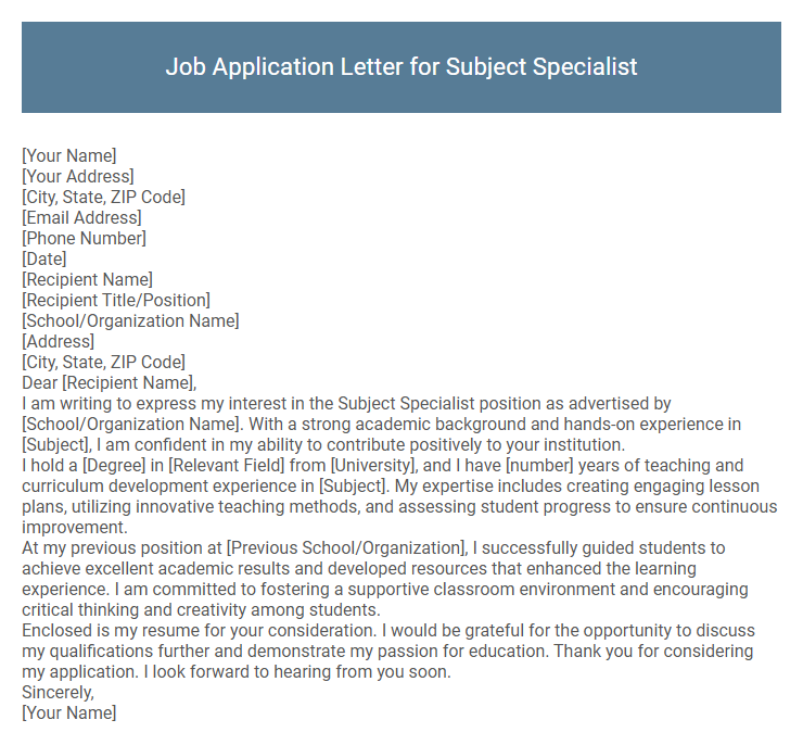 Job Application Letter for Subject Specialist