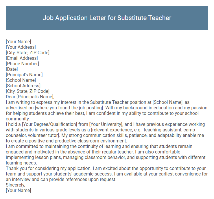 Job Application Letter for Substitute Teacher