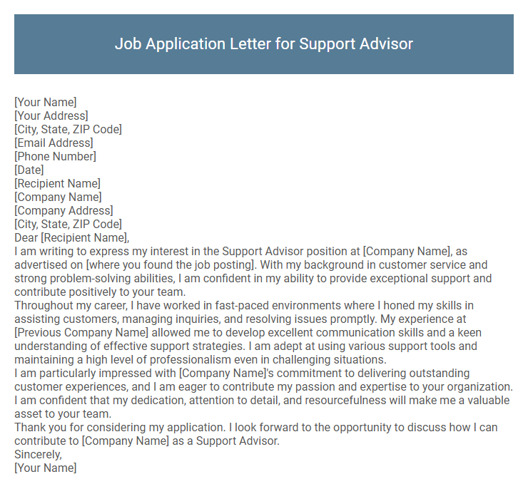 Job Application Letter for Support Advisor