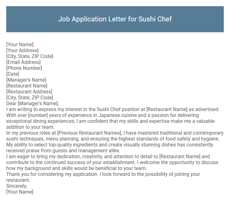 Job Application Letter for Sushi Chef