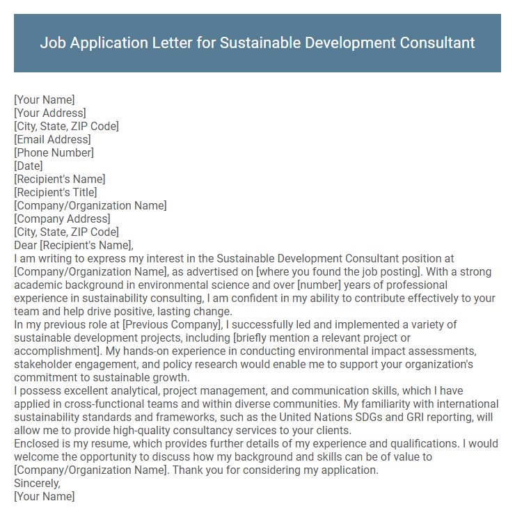 Job Application Letter for Sustainable Development Consultant