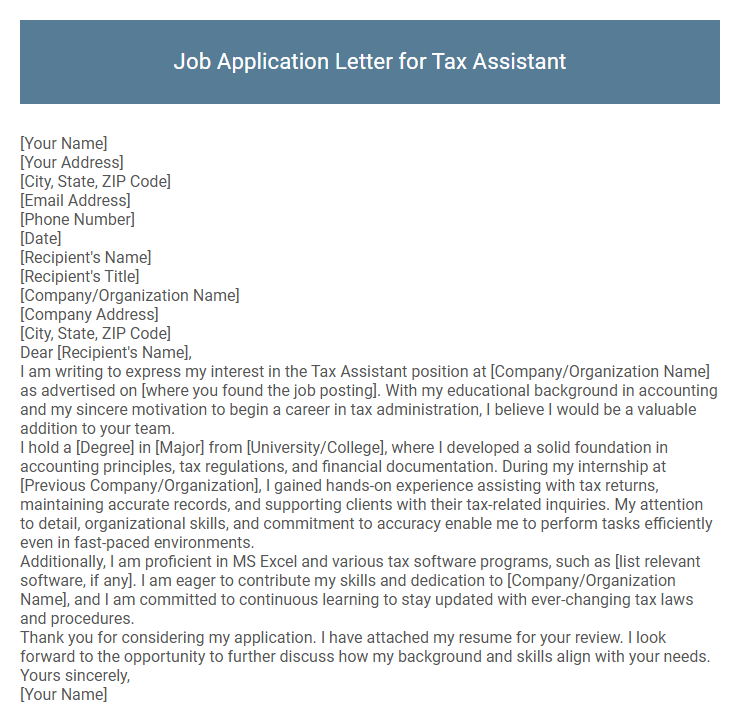 Job Application Letter for Tax Assistant