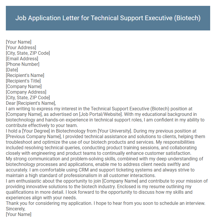 Job Application Letter for Technical Support Executive (Biotech)