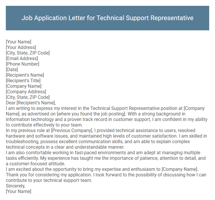 Job Application Letter for Technical Support Representative
