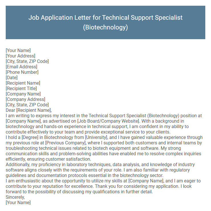 Job Application Letter for Technical Support Specialist (Biotechnology)