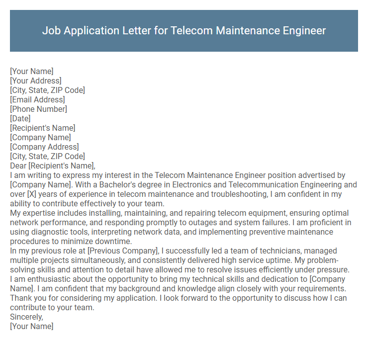 Job Application Letter for Telecom Maintenance Engineer