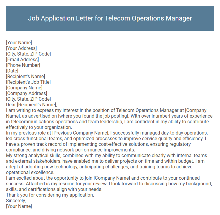 Job Application Letter for Telecom Operations Manager