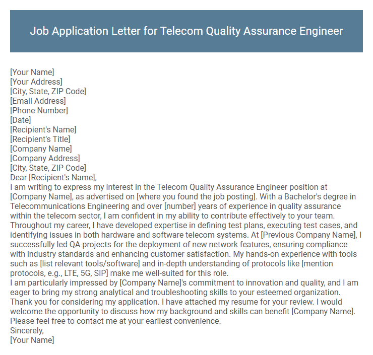 Job Application Letter for Telecom Quality Assurance Engineer