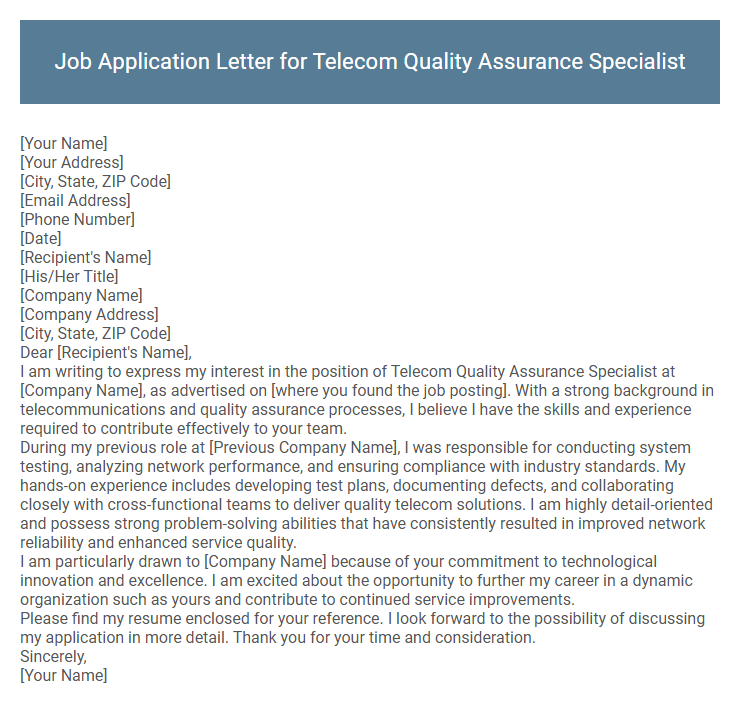 Job Application Letter for Telecom Quality Assurance Specialist