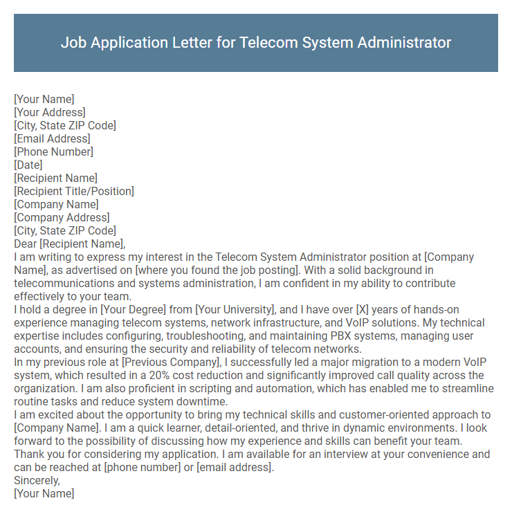 Job Application Letter for Telecom System Administrator