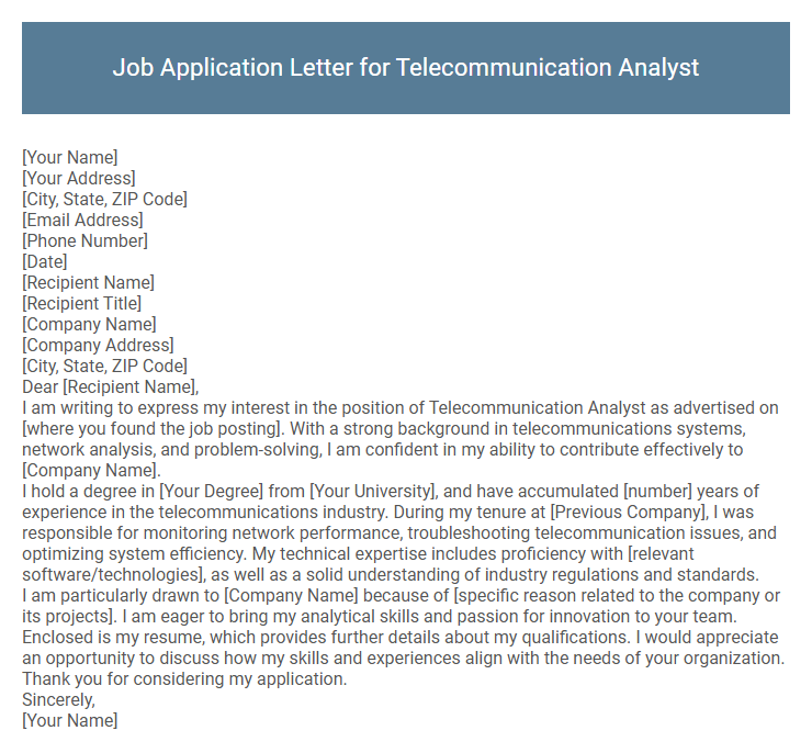 Job Application Letter for Telecommunication Analyst
