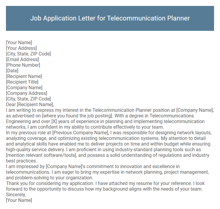 Job Application Letter for Telecommunication Planner