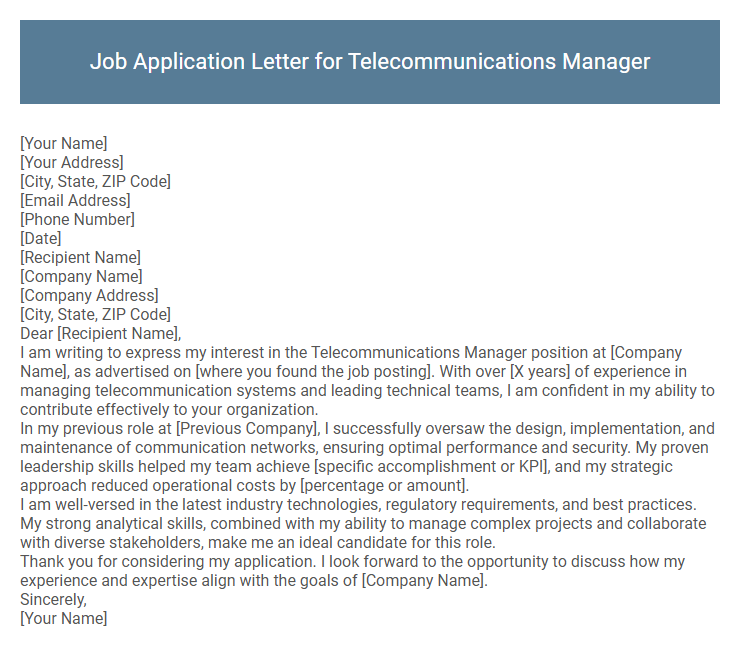 Job Application Letter for Telecommunications Manager