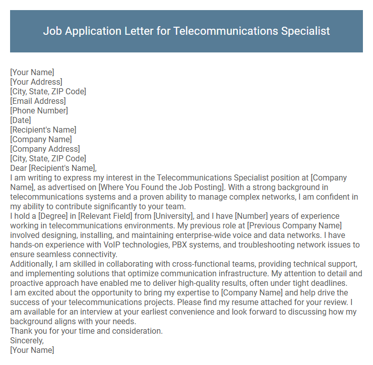 Job Application Letter for Telecommunications Specialist