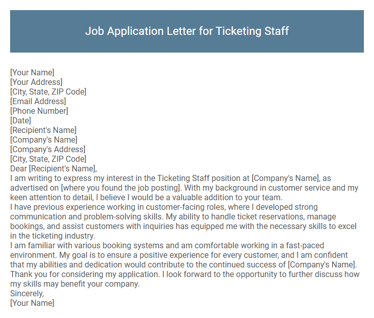 Job Application Letter for Ticketing Staff