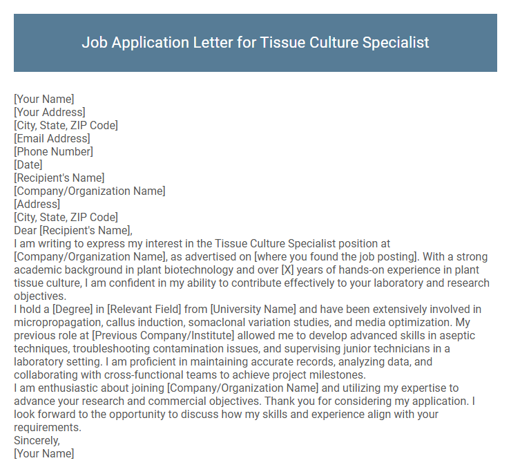Job Application Letter for Tissue Culture Specialist
