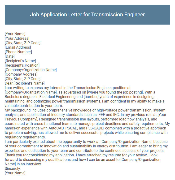 Job Application Letter for Transmission Engineer