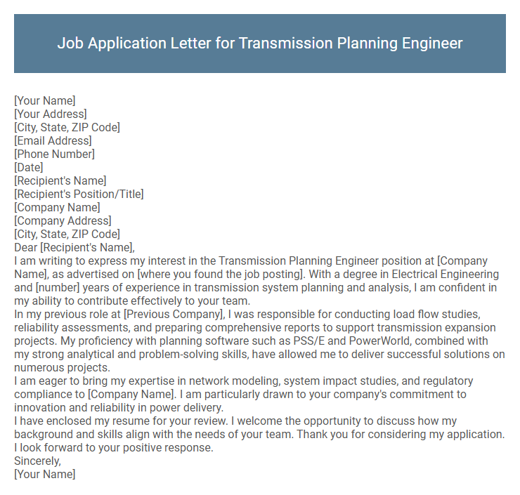 Job Application Letter for Transmission Planning Engineer
