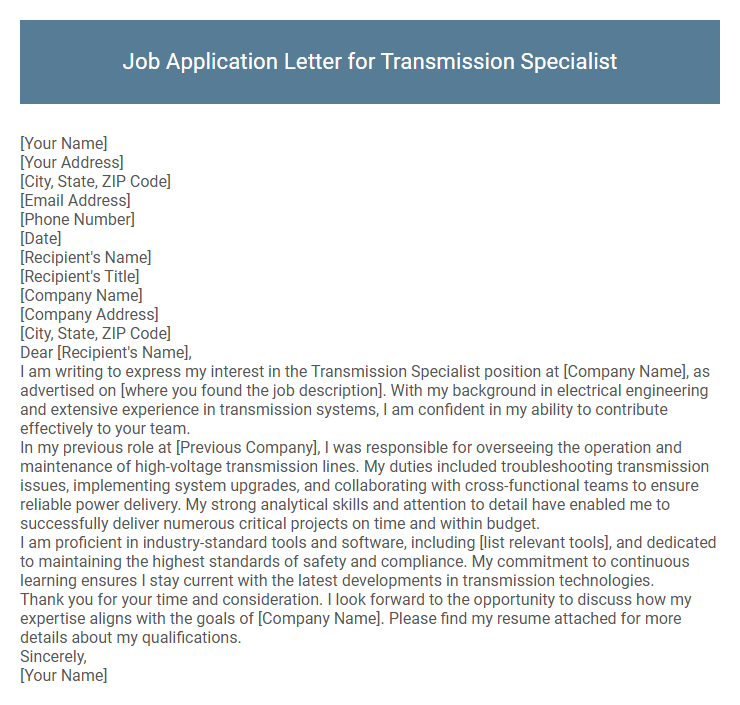 Job Application Letter for Transmission Specialist