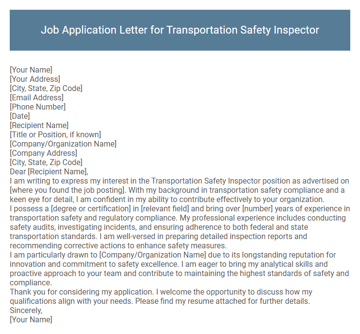 Job Application Letter for Transportation Safety Inspector