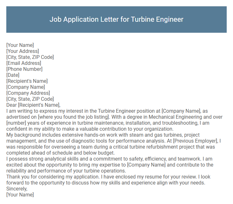 Job Application Letter for Turbine Engineer
