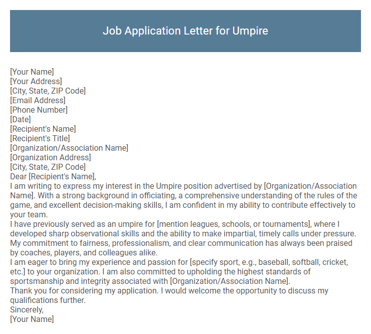 Job Application Letter for Umpire