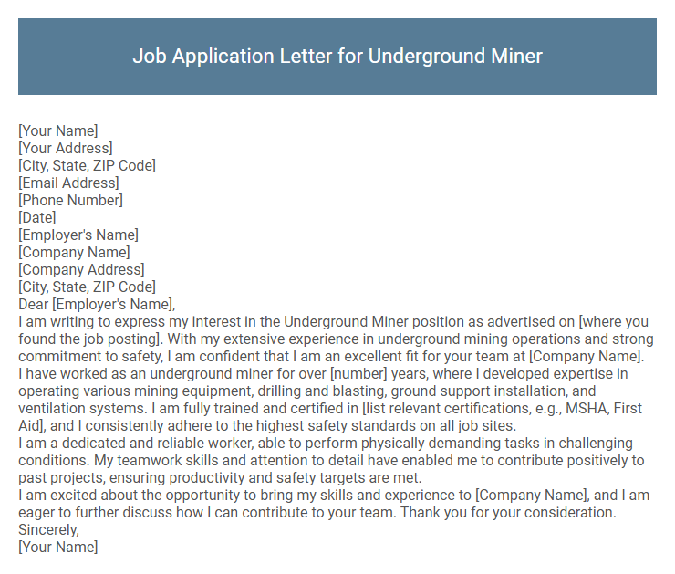 Job Application Letter for Underground Miner