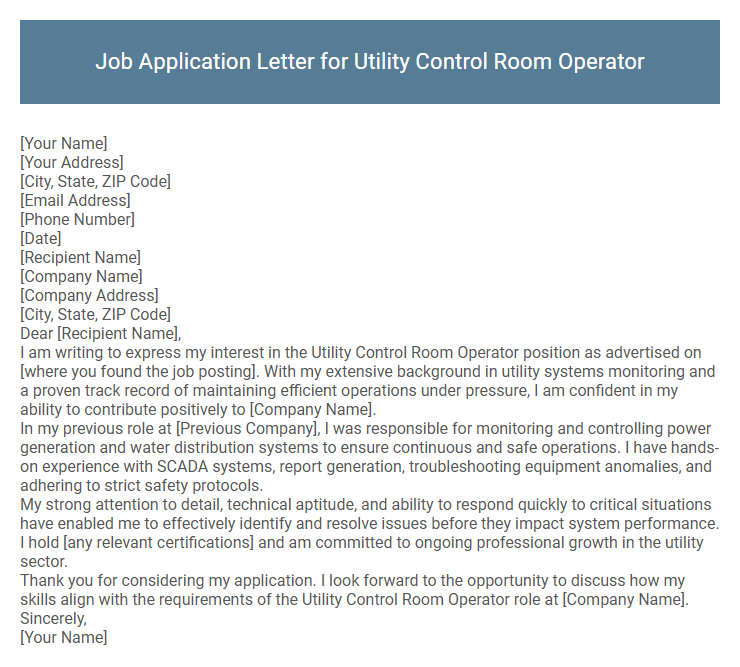 Job Application Letter for Utility Control Room Operator