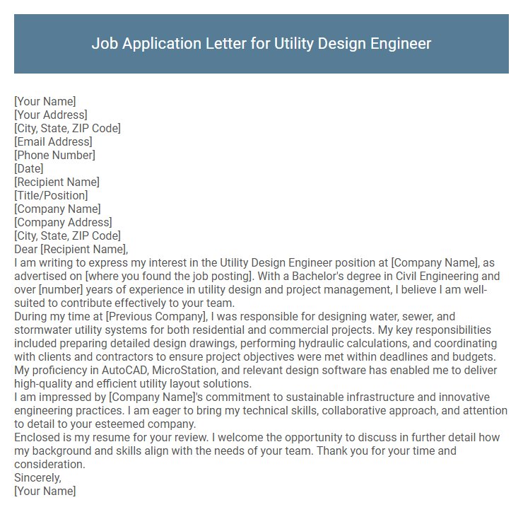 Job Application Letter for Utility Design Engineer