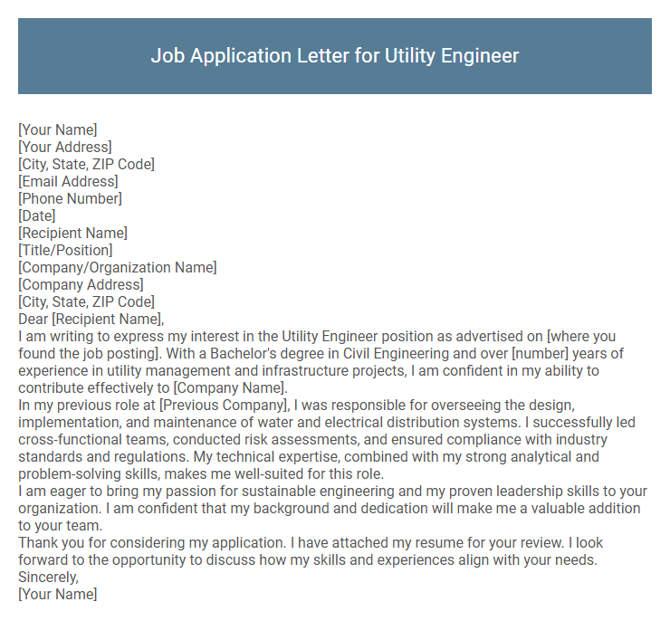 Job Application Letter for Utility Engineer