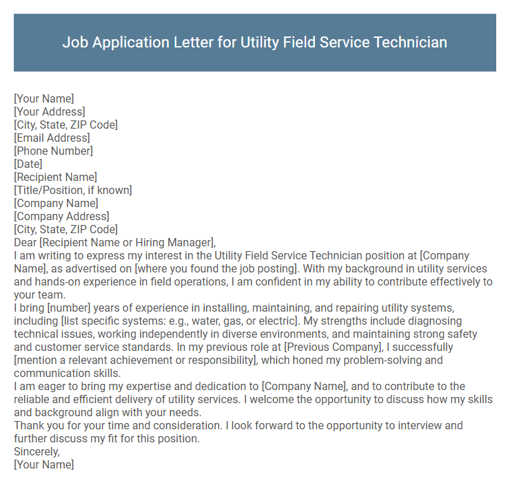 Job Application Letter for Utility Field Service Technician