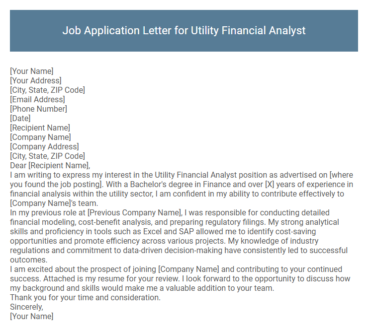 Job Application Letter for Utility Financial Analyst