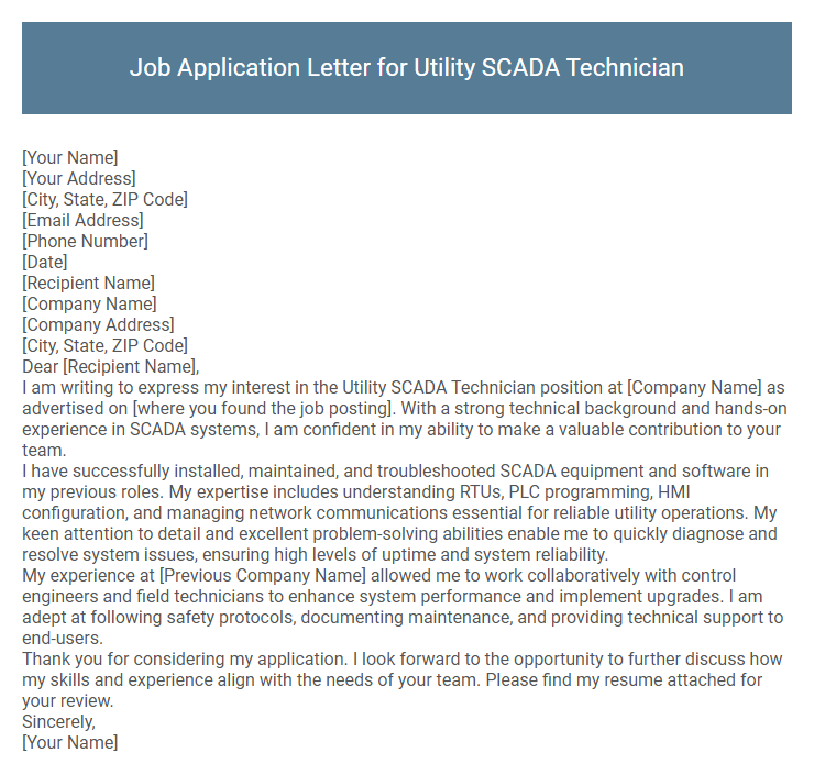 Job Application Letter for Utility SCADA Technician