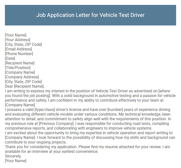 Job Application Letter for Vehicle Test Driver